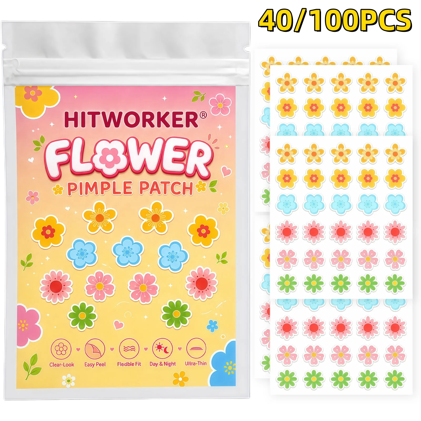 ali-3256812397299810 40/100pcs Flower Hydrocolloid Spot Cover Patches, Cute Face Stickers, Easy Peel Daily Skin Care for Day Night Use - Image 1