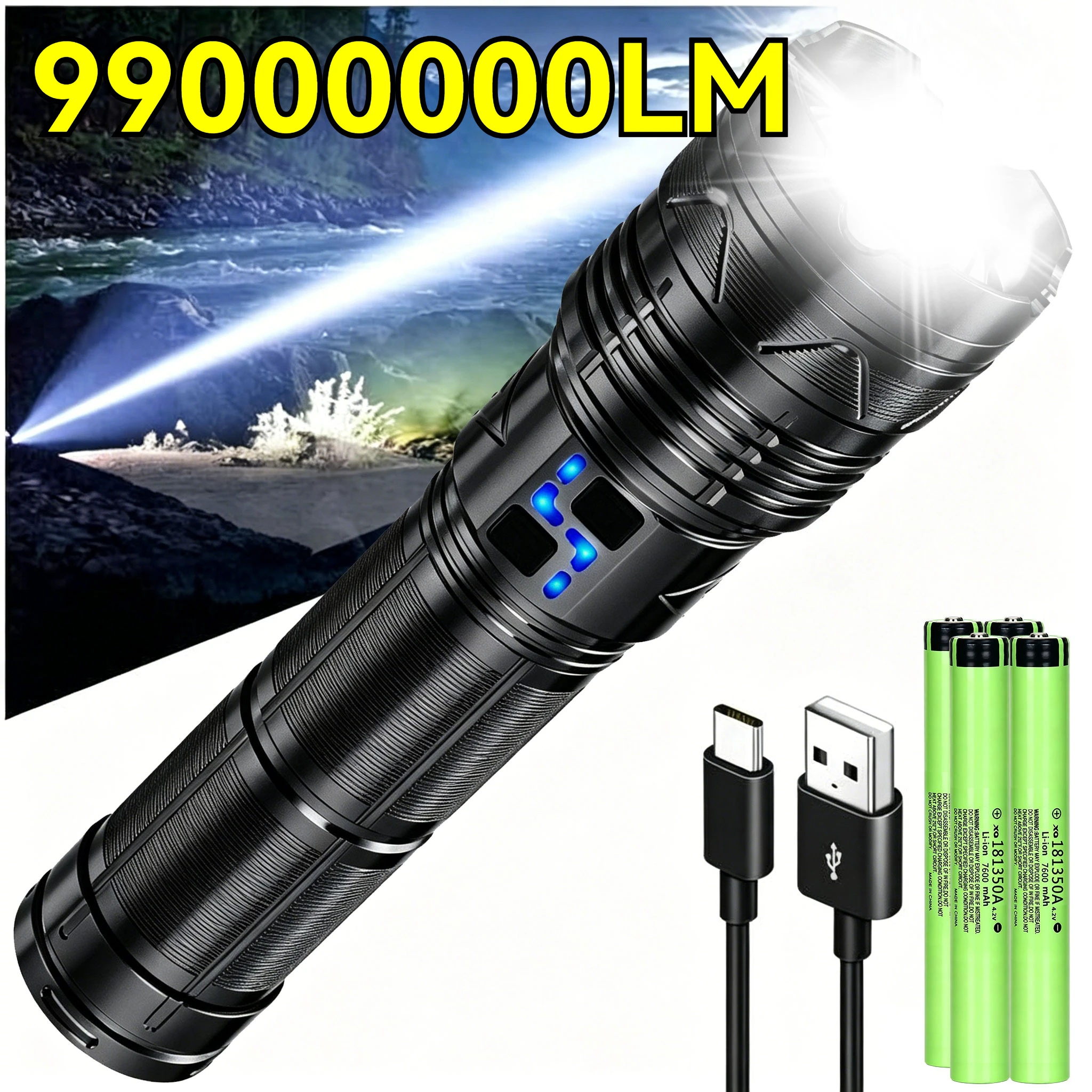 ali-3256812530021114 99000000LM Super Bright LED Flashlight 100W GT60 Long Range Powerful Torch Type-c Rechargeable Outdoor Flashlight Power Display - Image 1
