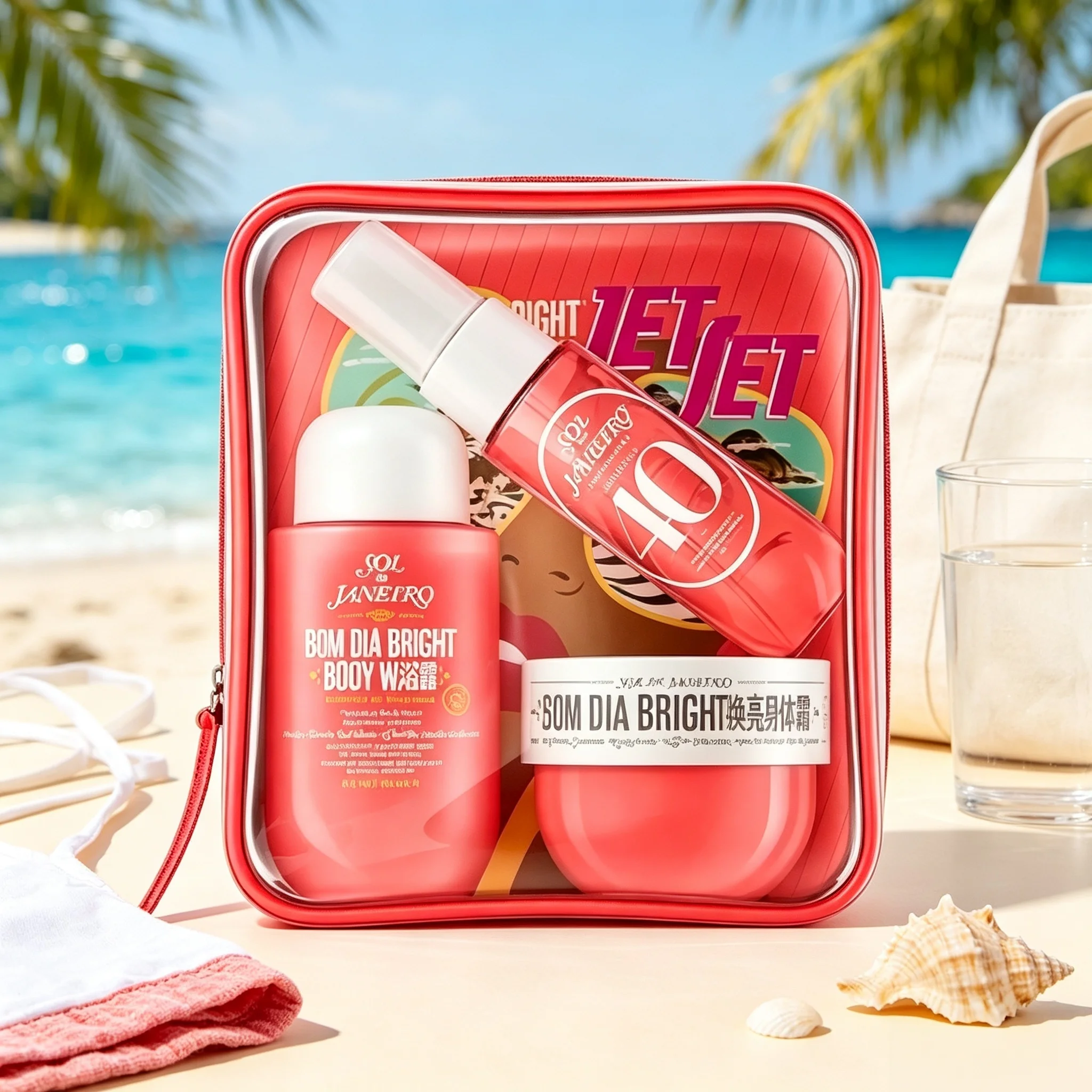 ali-3256812625889521 Sol De Janeiro Delicia Drench Body Care Travel Gift Set: A Purple, Transparent Zippered Cosmetic Bag Containing Nourishing Shower Oil, No. 59 Fragrance Spray, and A mini Skincare Set with A Long-Lasting, Warm Vanilla-Sandalwood Scent for Deep Repair and H - Image 1