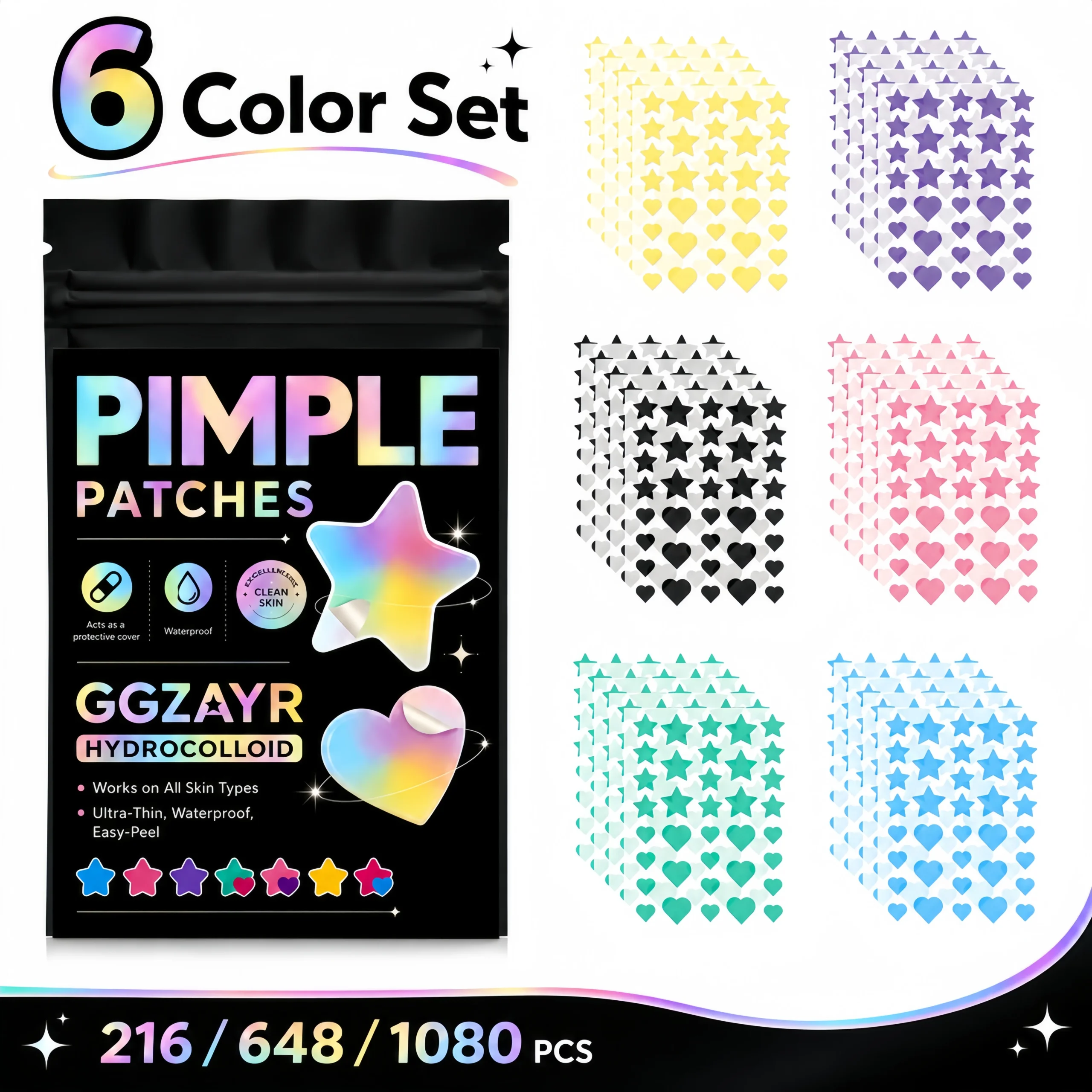 ali-3256812765729295 216/648/1080PCS Colorful Star Heart Face Patches, 6 Colors Cute Pimple Stickers, Hydrocolloid Beauty Patches for Daily Use - Image 1