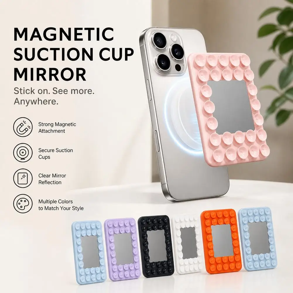 ali-3256812904459798 Magnetic Suction Cup Phone Holder with Mirror For MagSafe iPhone Silicone Hands-Free Wall Mount Stand For Selfie Video - Image 1