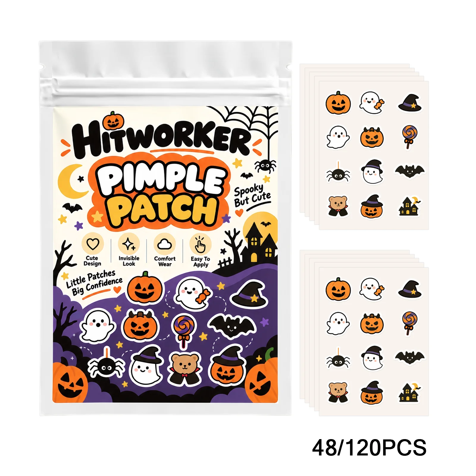 ali-3256812974570853 Hitworker Halloween Cute Pimple Patches Ghost Pumpkin Bat Hydrocolloid Acne Spot Stickers Gentle Skin Care 48/120PCS - Image 1